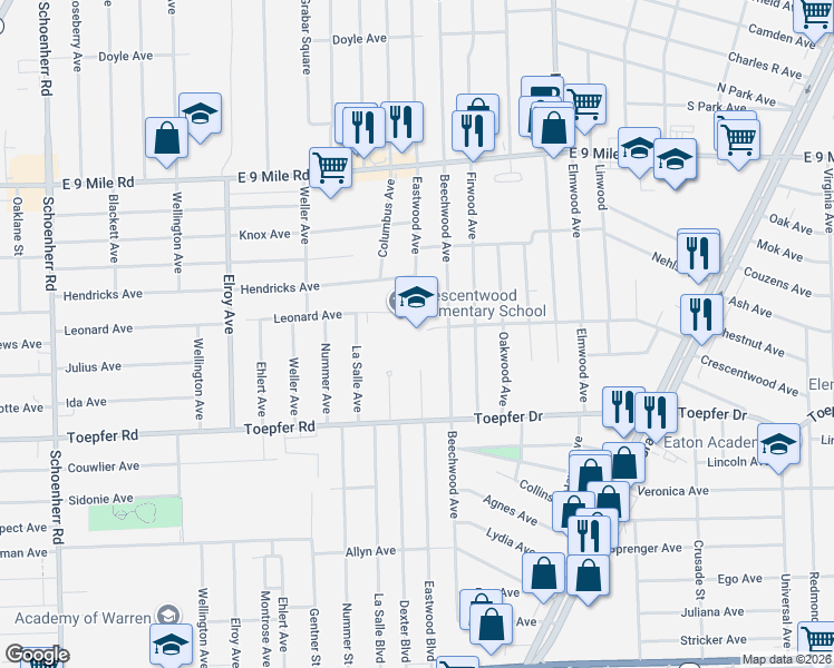 map of restaurants, bars, coffee shops, grocery stores, and more near 21781 Eastwood Court in Warren