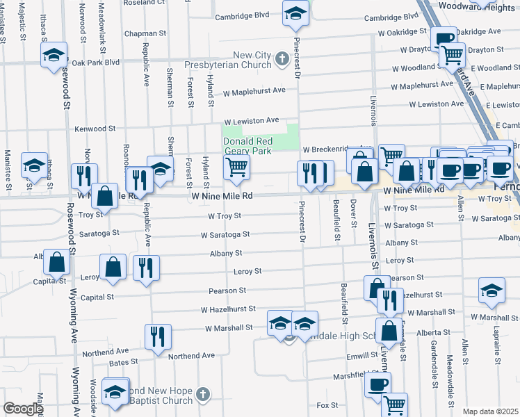 map of restaurants, bars, coffee shops, grocery stores, and more near 1385 West Troy Street in Ferndale