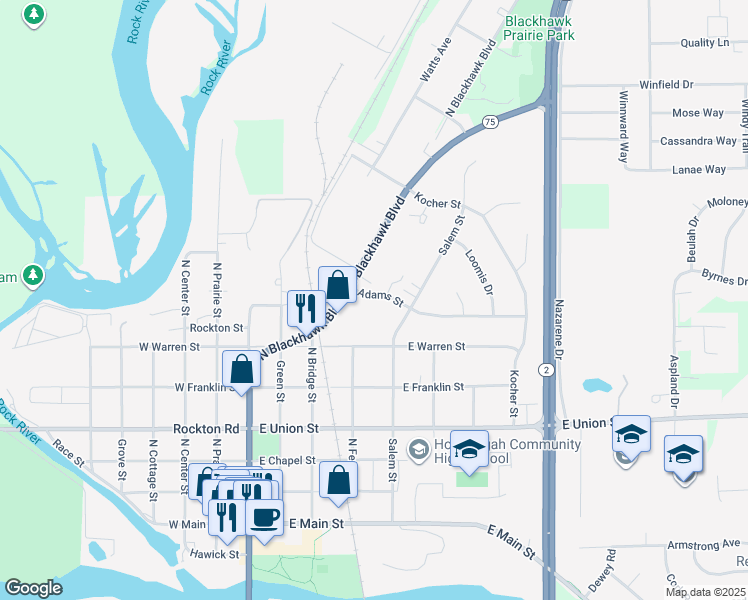 map of restaurants, bars, coffee shops, grocery stores, and more near 418 Adams Street in Rockton