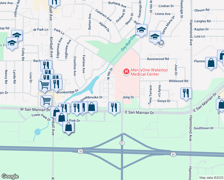 map of restaurants, bars, coffee shops, grocery stores, and more near 3825 West 9th Street in Waterloo