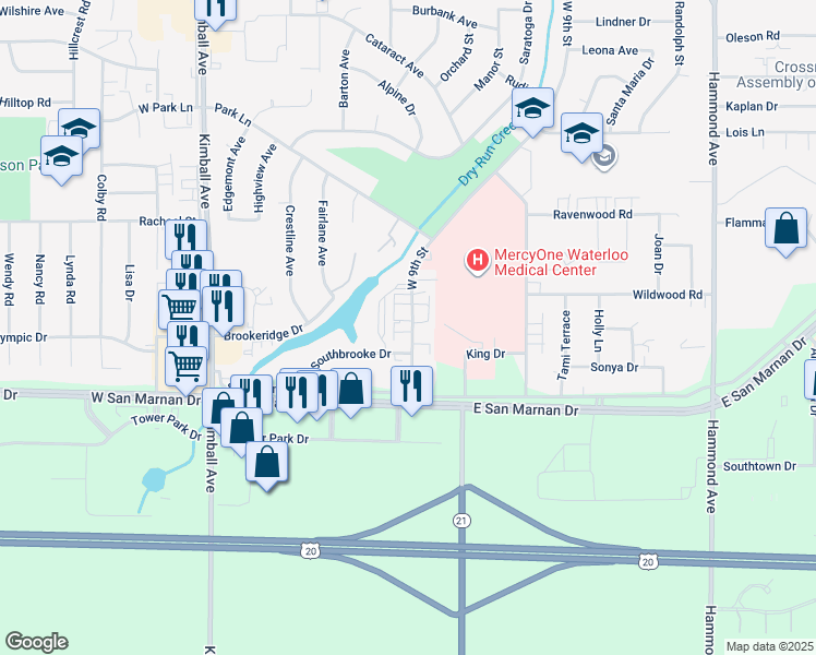 map of restaurants, bars, coffee shops, grocery stores, and more near 359 Southbrooke Drive in Waterloo