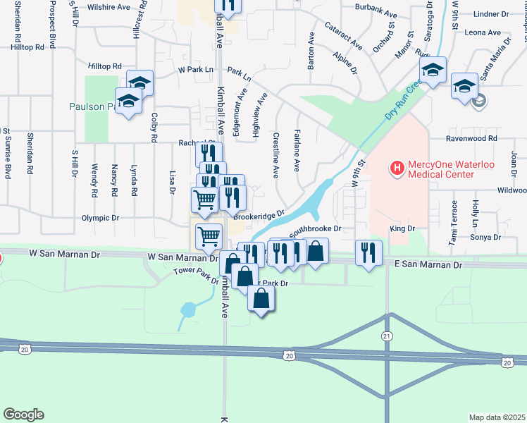 map of restaurants, bars, coffee shops, grocery stores, and more near 144 Brookeridge Drive in Waterloo