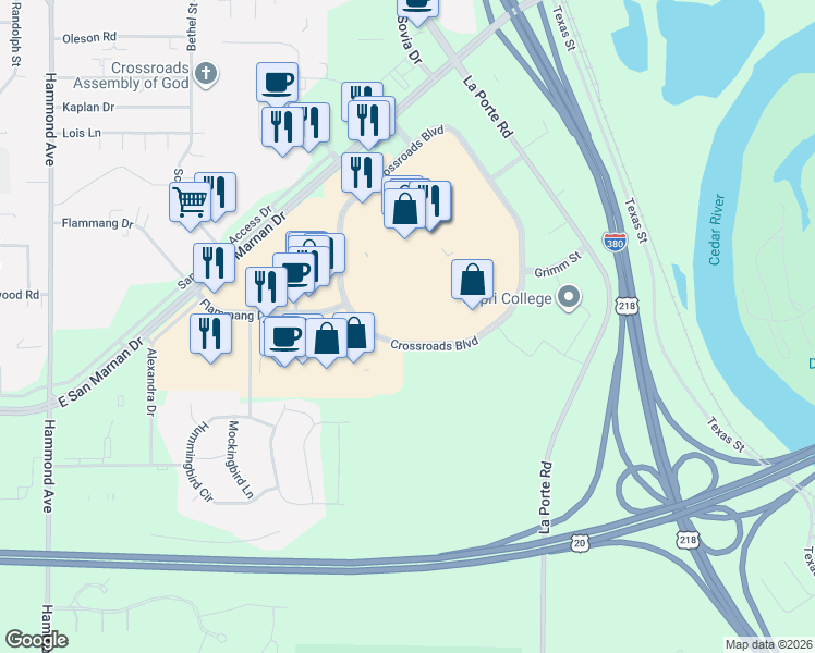 map of restaurants, bars, coffee shops, grocery stores, and more near 2532 Crossroads Blvd in Waterloo