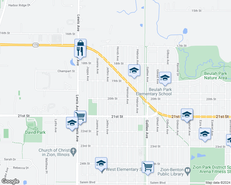 map of restaurants, bars, coffee shops, grocery stores, and more near 1918 Horeb Avenue in Zion