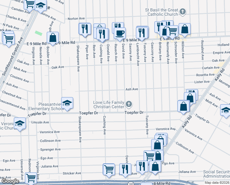map of restaurants, bars, coffee shops, grocery stores, and more near 21800 Donald Avenue in Eastpointe