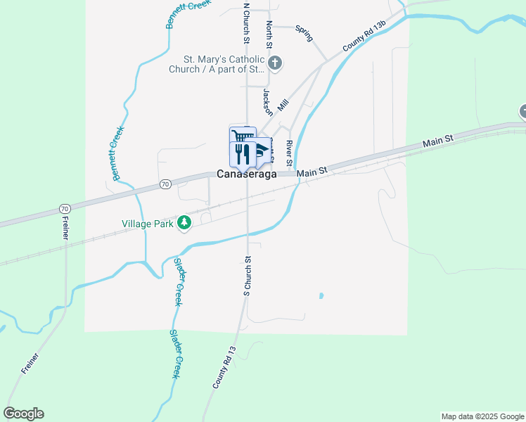 map of restaurants, bars, coffee shops, grocery stores, and more near 29 South Church Street in Canaseraga