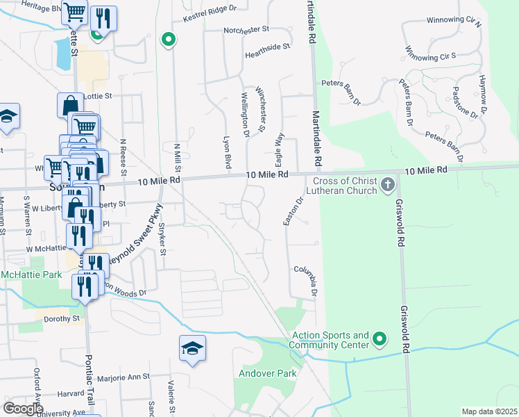 map of restaurants, bars, coffee shops, grocery stores, and more near 220 Oakbrooke Drive in South Lyon