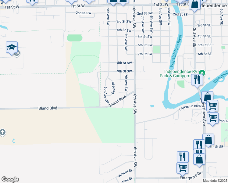 map of restaurants, bars, coffee shops, grocery stores, and more near 800-1198 David Drive in Independence