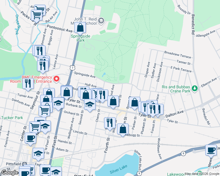 map of restaurants, bars, coffee shops, grocery stores, and more near 125 Stoddard Avenue in Pittsfield
