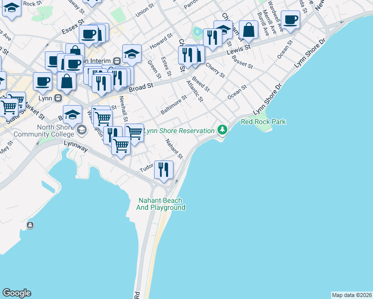 map of restaurants, bars, coffee shops, grocery stores, and more near 143 Nahant Street in Lynn