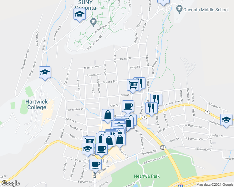 map of restaurants, bars, coffee shops, grocery stores, and more near 46 Ford Avenue in Oneonta
