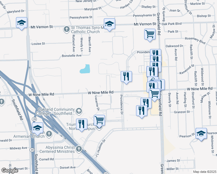 map of restaurants, bars, coffee shops, grocery stores, and more near 16200 West Nine Mile Road in Southfield