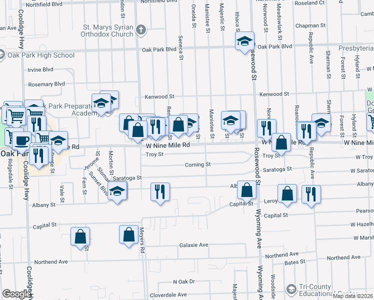map of restaurants, bars, coffee shops, grocery stores, and more near 10360 Corning Street in Oak Park