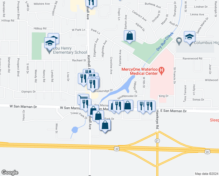 map of restaurants, bars, coffee shops, grocery stores, and more near 233 Brookeridge Drive in Waterloo