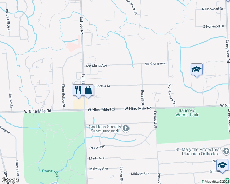 map of restaurants, bars, coffee shops, grocery stores, and more near 21733 Duns Scotus Street in Southfield