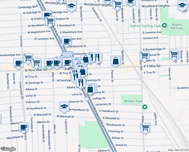 map of restaurants, bars, coffee shops, grocery stores, and more near 300 East Troy Street in Ferndale