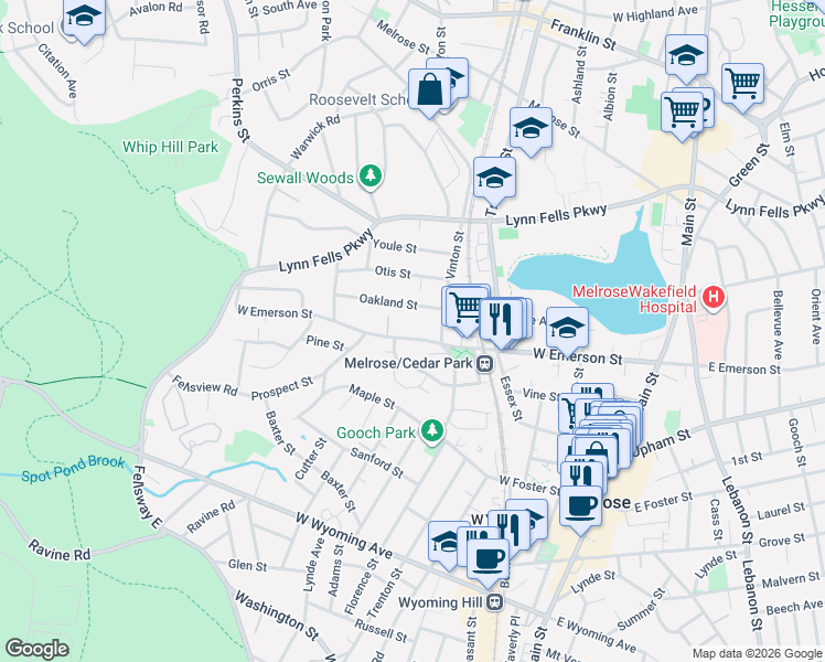 map of restaurants, bars, coffee shops, grocery stores, and more near 93-95 North Cedar Park in Melrose
