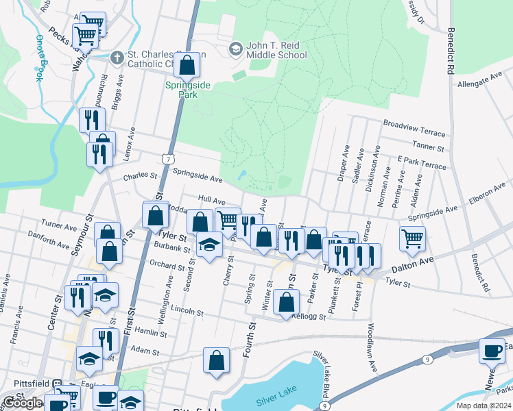 map of restaurants, bars, coffee shops, grocery stores, and more near 125 Stoddard Avenue in Pittsfield