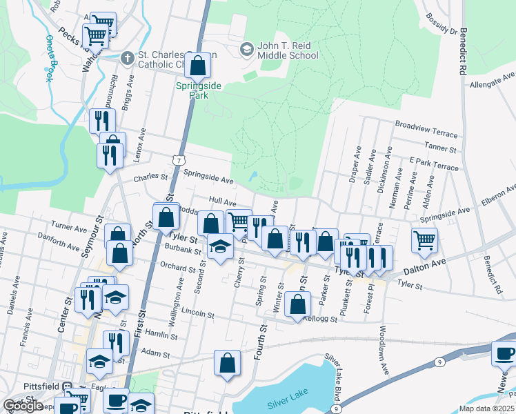 map of restaurants, bars, coffee shops, grocery stores, and more near 125 Stoddard Avenue in Pittsfield