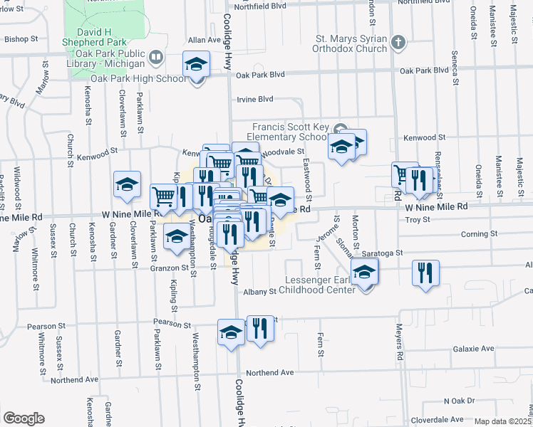 map of restaurants, bars, coffee shops, grocery stores, and more near 13401 West Nine Mile Road in Oak Park