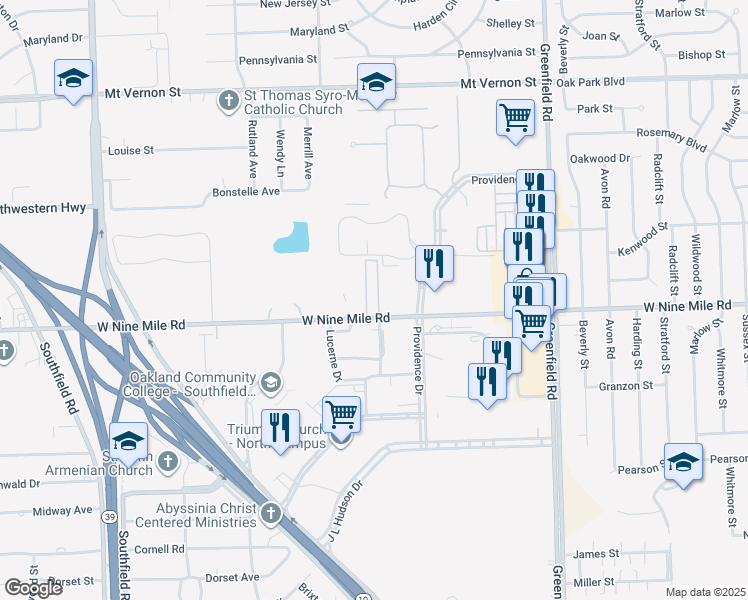map of restaurants, bars, coffee shops, grocery stores, and more near 16233 West Nine Mile Road in Southfield