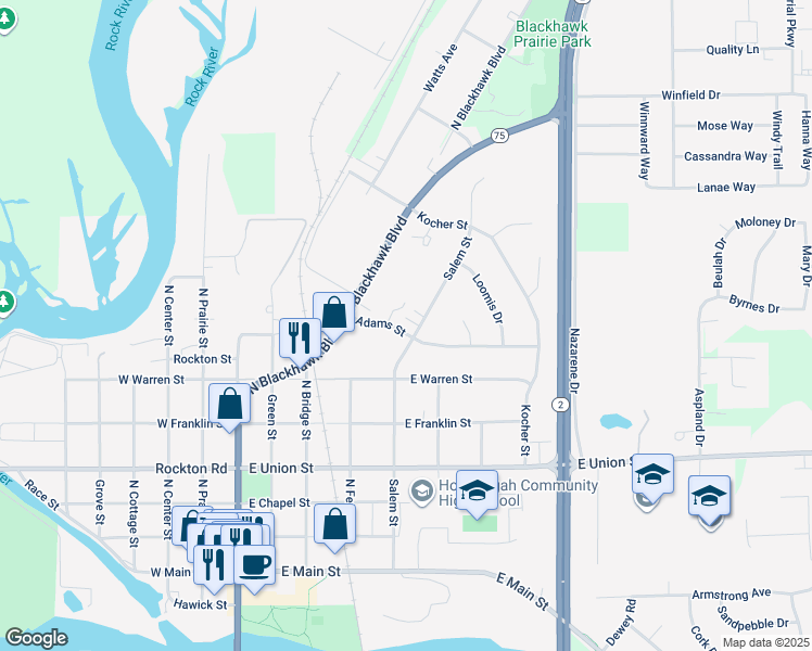 map of restaurants, bars, coffee shops, grocery stores, and more near 625 Salem Street in Rockton