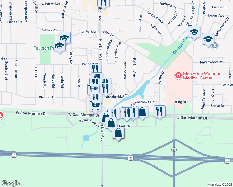 map of restaurants, bars, coffee shops, grocery stores, and more near 144 Brookeridge Drive in Waterloo