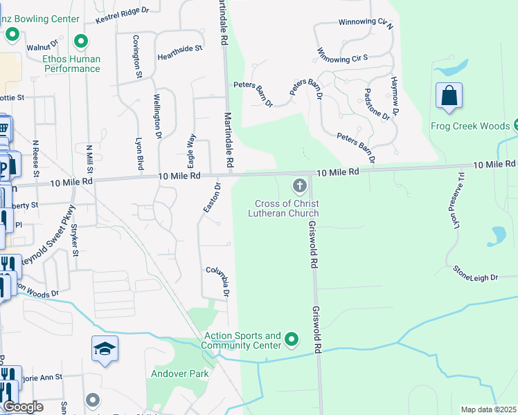 map of restaurants, bars, coffee shops, grocery stores, and more near 59373 10 Mile Road in South Lyon