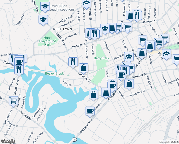 map of restaurants, bars, coffee shops, grocery stores, and more near 1 Border Street in Lynn