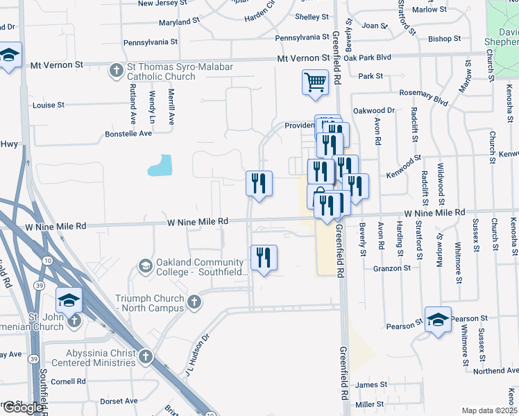 map of restaurants, bars, coffee shops, grocery stores, and more near 16000 Providence Drive in Southfield