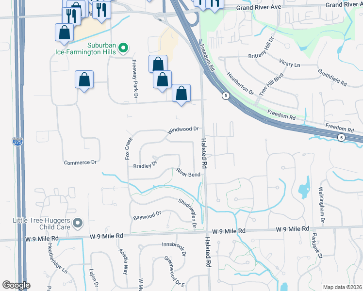 map of restaurants, bars, coffee shops, grocery stores, and more near 22981 Willowbrook Drive in Farmington Hills