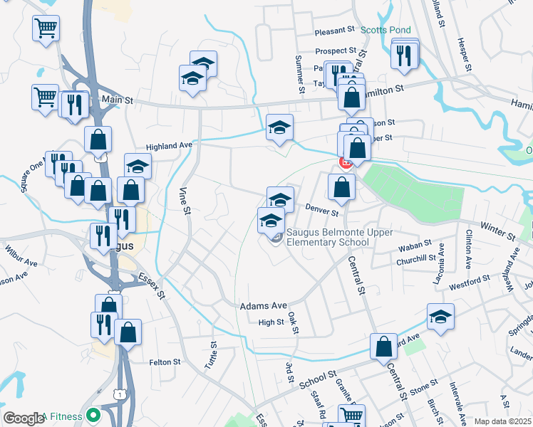 map of restaurants, bars, coffee shops, grocery stores, and more near 25 Dow Street in Saugus