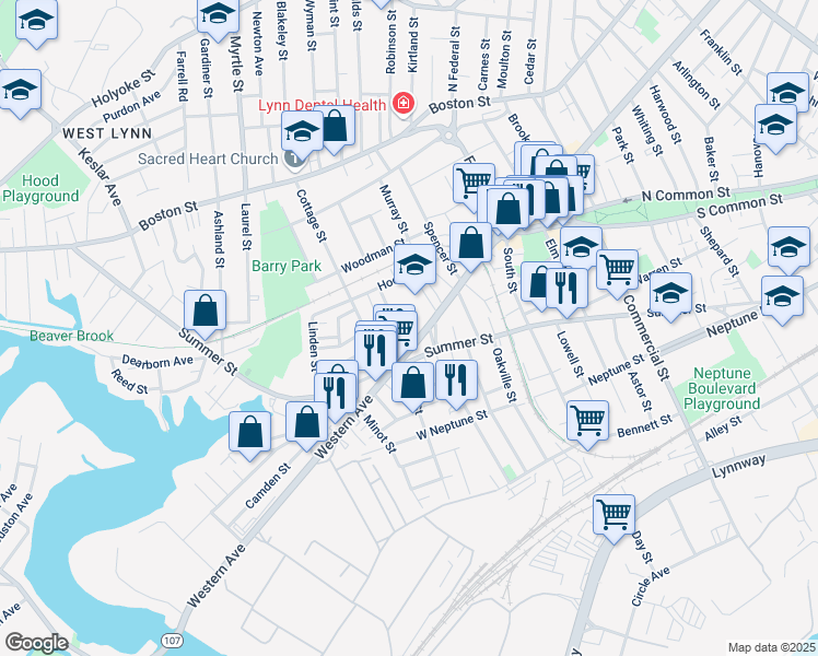 map of restaurants, bars, coffee shops, grocery stores, and more near 822 Western Avenue in Lynn