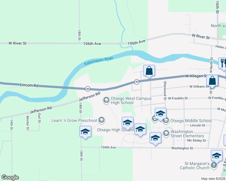 map of restaurants, bars, coffee shops, grocery stores, and more near 530 Lincoln Road in Otsego