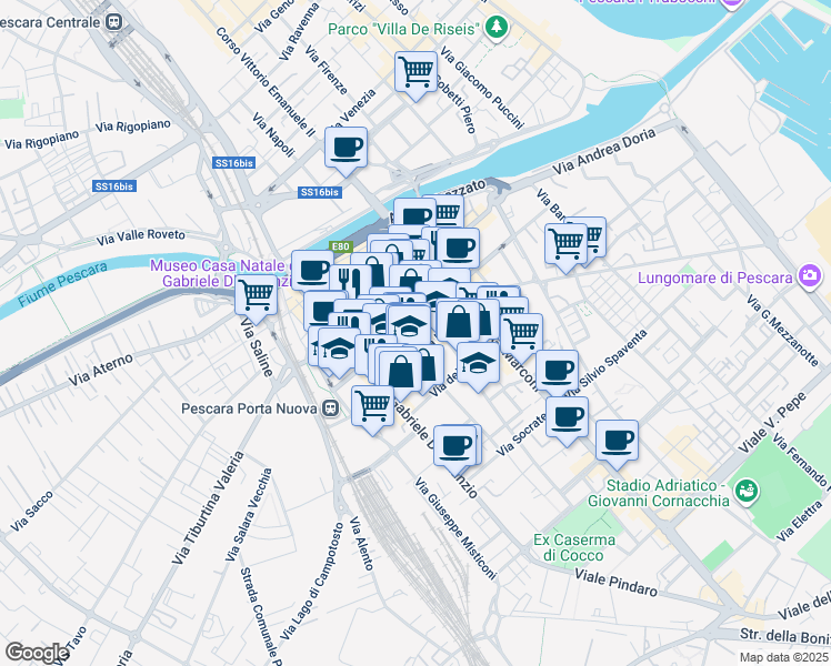 map of restaurants, bars, coffee shops, grocery stores, and more near 33 Via Italica in Pescara