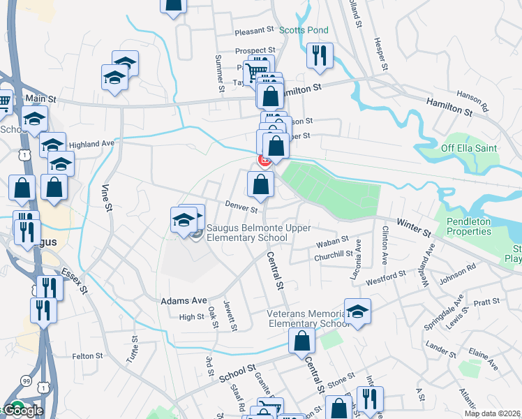 map of restaurants, bars, coffee shops, grocery stores, and more near 375 Central Street in Saugus
