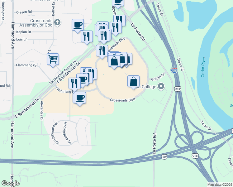 map of restaurants, bars, coffee shops, grocery stores, and more near 2532 Crossroads Boulevard in Waterloo