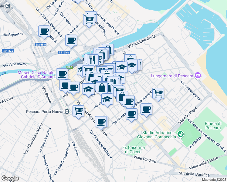 map of restaurants, bars, coffee shops, grocery stores, and more near 5 Via Nicola da Guardiagrele in Pescara
