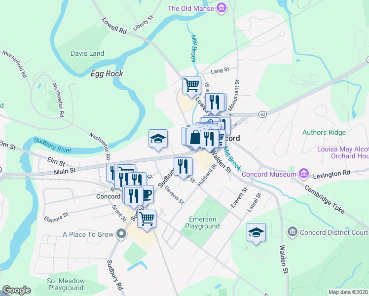map of restaurants, bars, coffee shops, grocery stores, and more near 106 Keyes Road in Concord