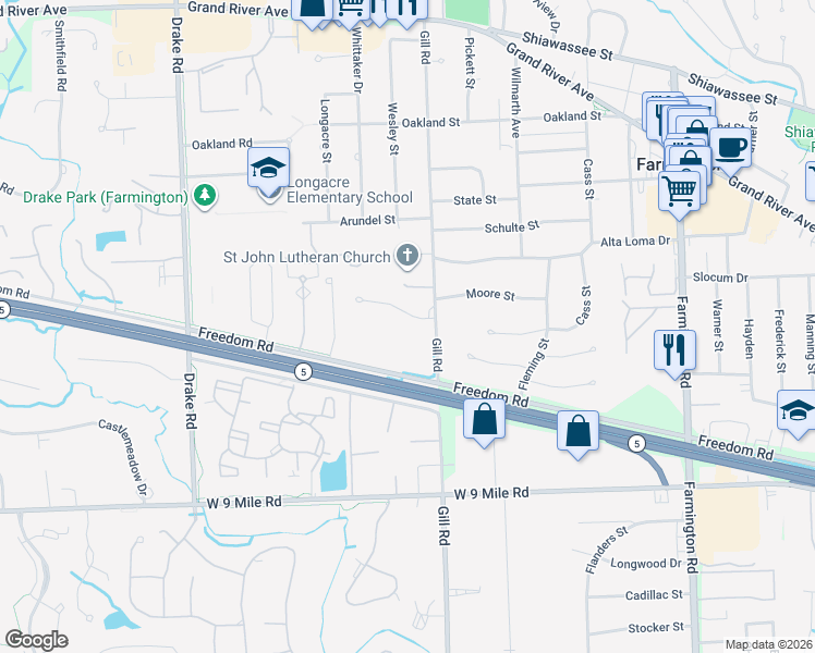 map of restaurants, bars, coffee shops, grocery stores, and more near 34436 Beechwood Street in Farmington Hills