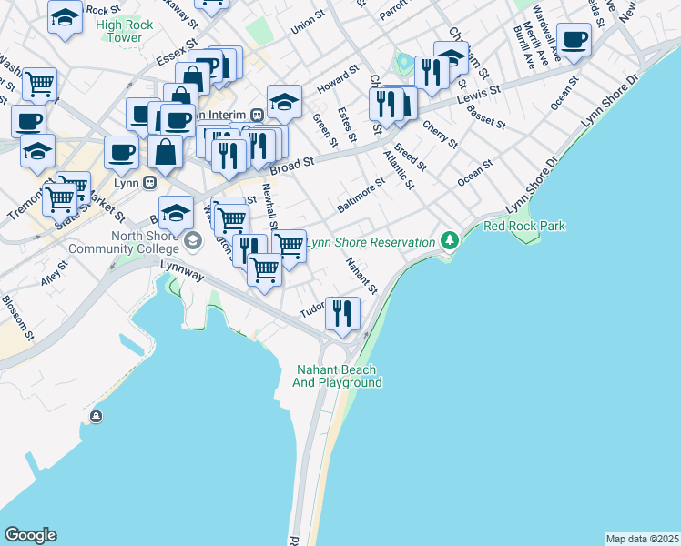 map of restaurants, bars, coffee shops, grocery stores, and more near 95 Nahant Street in Lynn