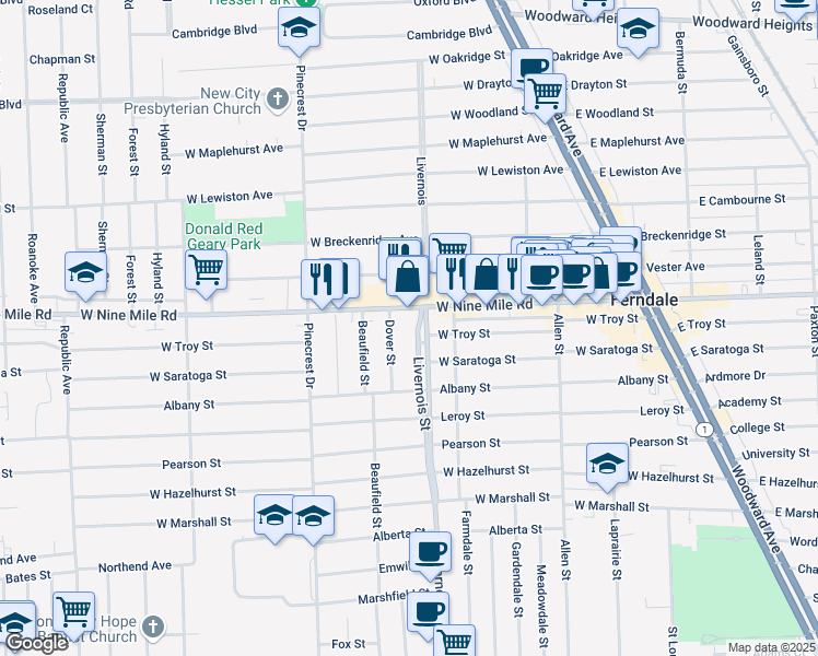 map of restaurants, bars, coffee shops, grocery stores, and more near in Ferndale