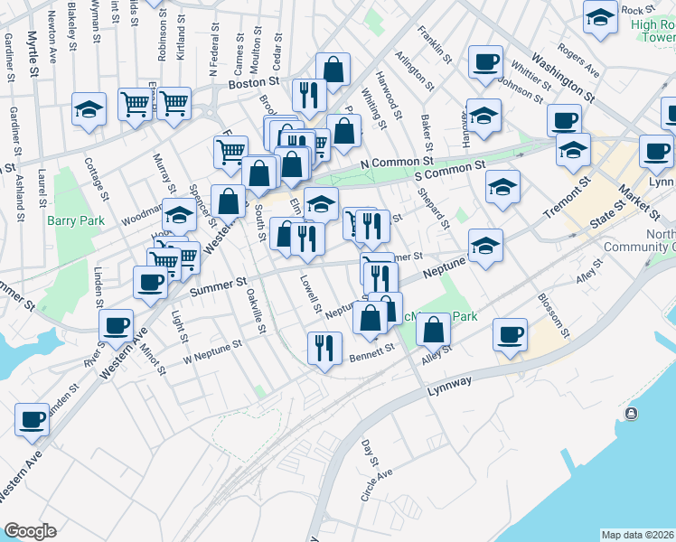 map of restaurants, bars, coffee shops, grocery stores, and more near 94 Warren Street in Lynn
