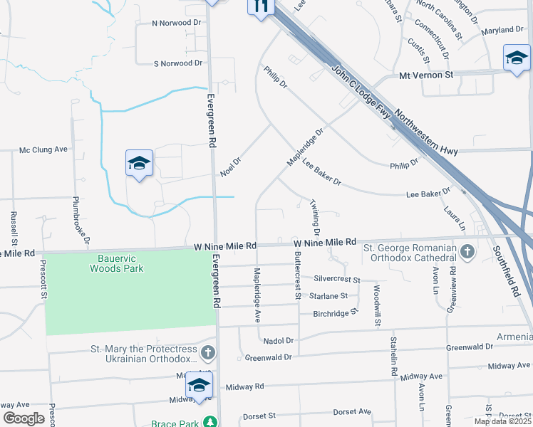 map of restaurants, bars, coffee shops, grocery stores, and more near 23270 Mapleridge Drive in Southfield
