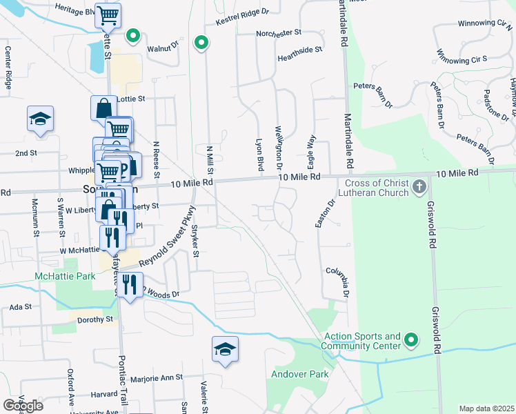 map of restaurants, bars, coffee shops, grocery stores, and more near 209 Maplewood Court in South Lyon
