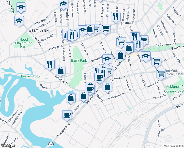 map of restaurants, bars, coffee shops, grocery stores, and more near 9 Linden Street in Lynn