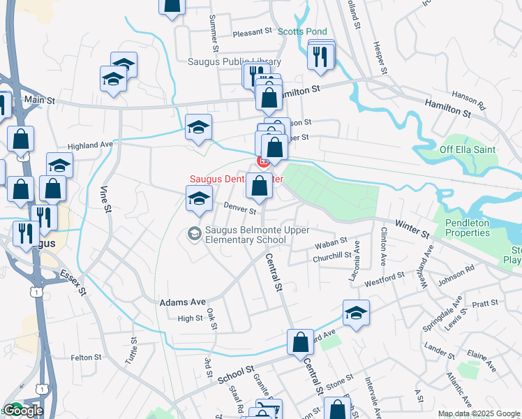 map of restaurants, bars, coffee shops, grocery stores, and more near in Saugus