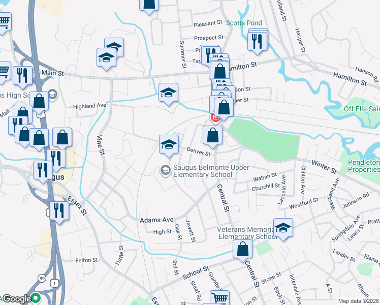 map of restaurants, bars, coffee shops, grocery stores, and more near 19 Horton Street in Saugus