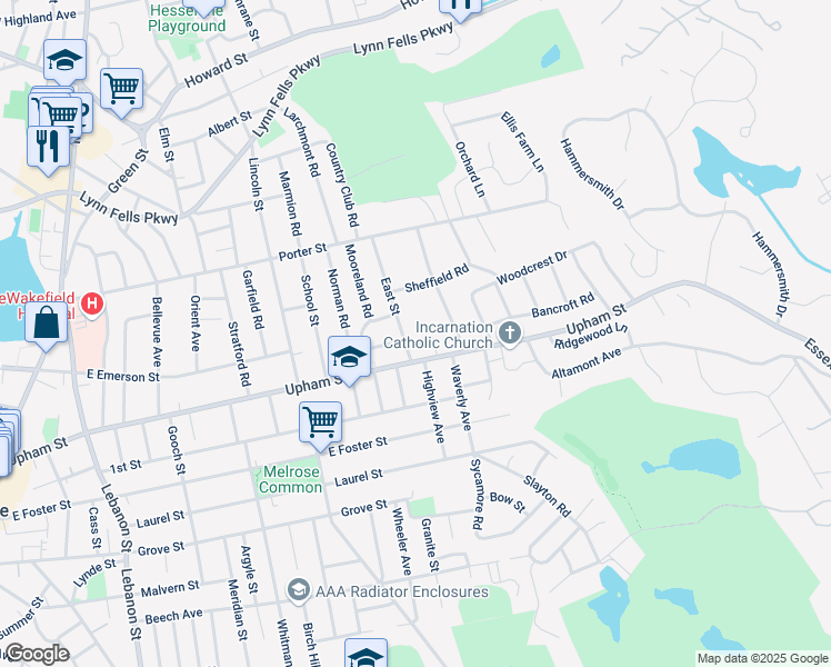 map of restaurants, bars, coffee shops, grocery stores, and more near 41 East Street in Melrose