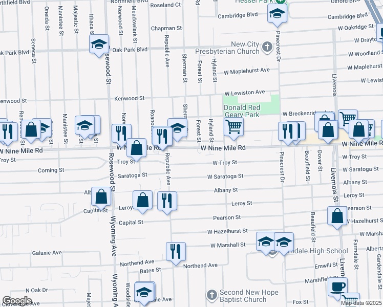 map of restaurants, bars, coffee shops, grocery stores, and more near 8236 West Nine Mile Road in Oak Park